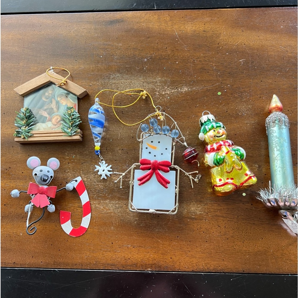 Christmas ornament lot of 6 variety Snowman, Candle clip on, glass drop